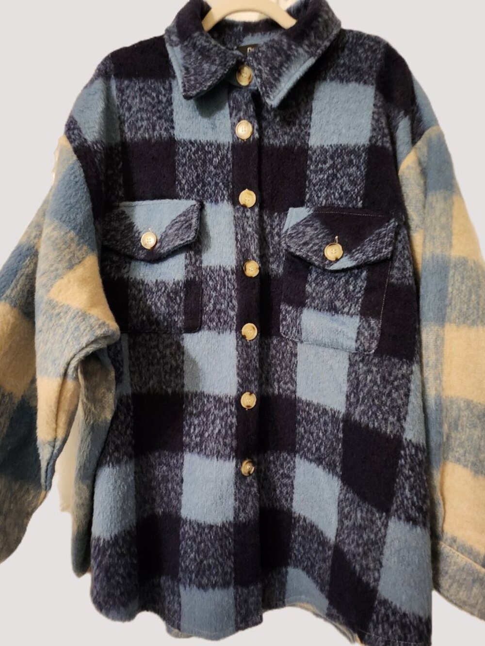 NWT Davi & Dani Plus 3XL Fuzzy Blue Plaid Oversized Shacket Jacket